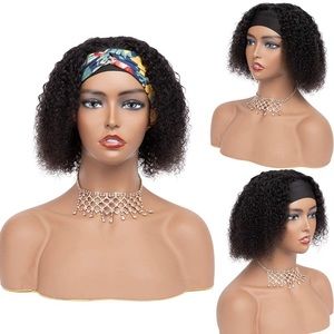 New - Human Hair Black Jerry Curly Wave Non-lace Glueless Headband Wig 10 inch